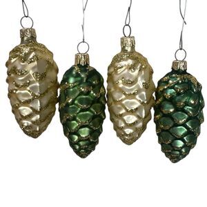 Vintage 80’s Set Of 4 European Glass Pine Cone Christmas Ornaments Green Gold